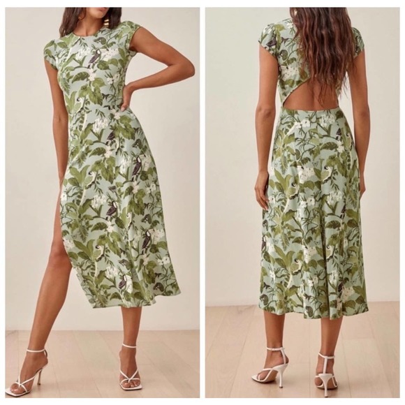 Reformation Dresses & Skirts - REFORMATION Gavin Green Floral Tropical Printed Cutout Slit Midi Dress
